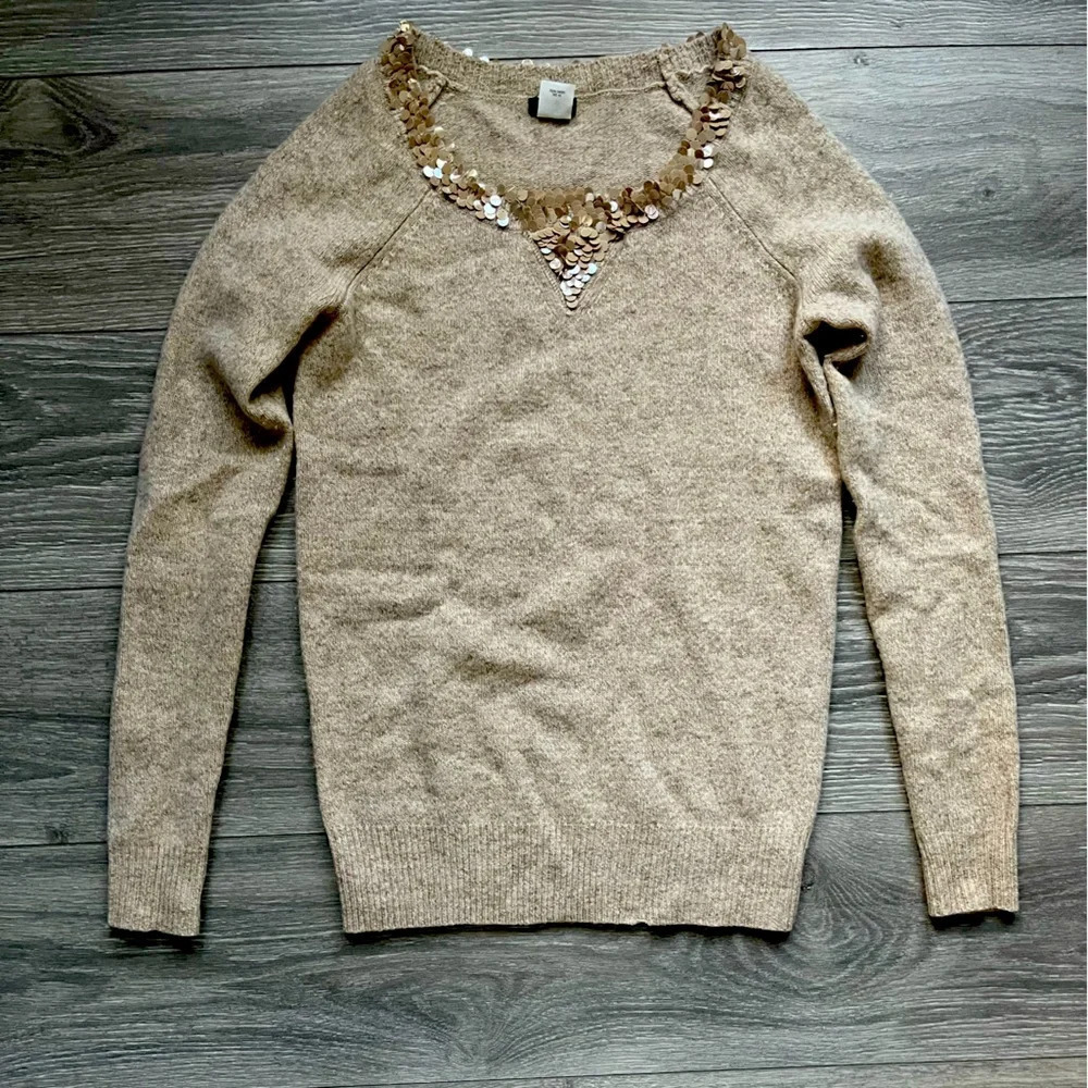J. Crew oatmeal 100% lambs wool sequined collar long sleeve sweater Size S